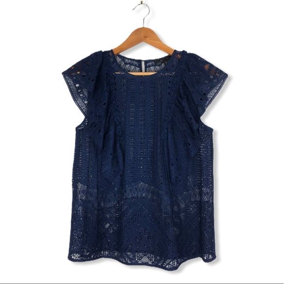 BCBGMaxAzria Nishka Dark Navy Ruffle Lace Top NWT - Picture 4 of 13